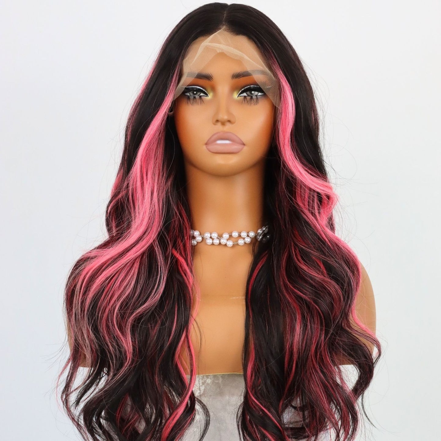Pink Highlight Black Lace Front Wig Long Loose Wavy Synthetic Wig Heat-Resistant Pre-Plucked Hairline 13x4 HD Transparent Free Part 24" for Party Daily Use