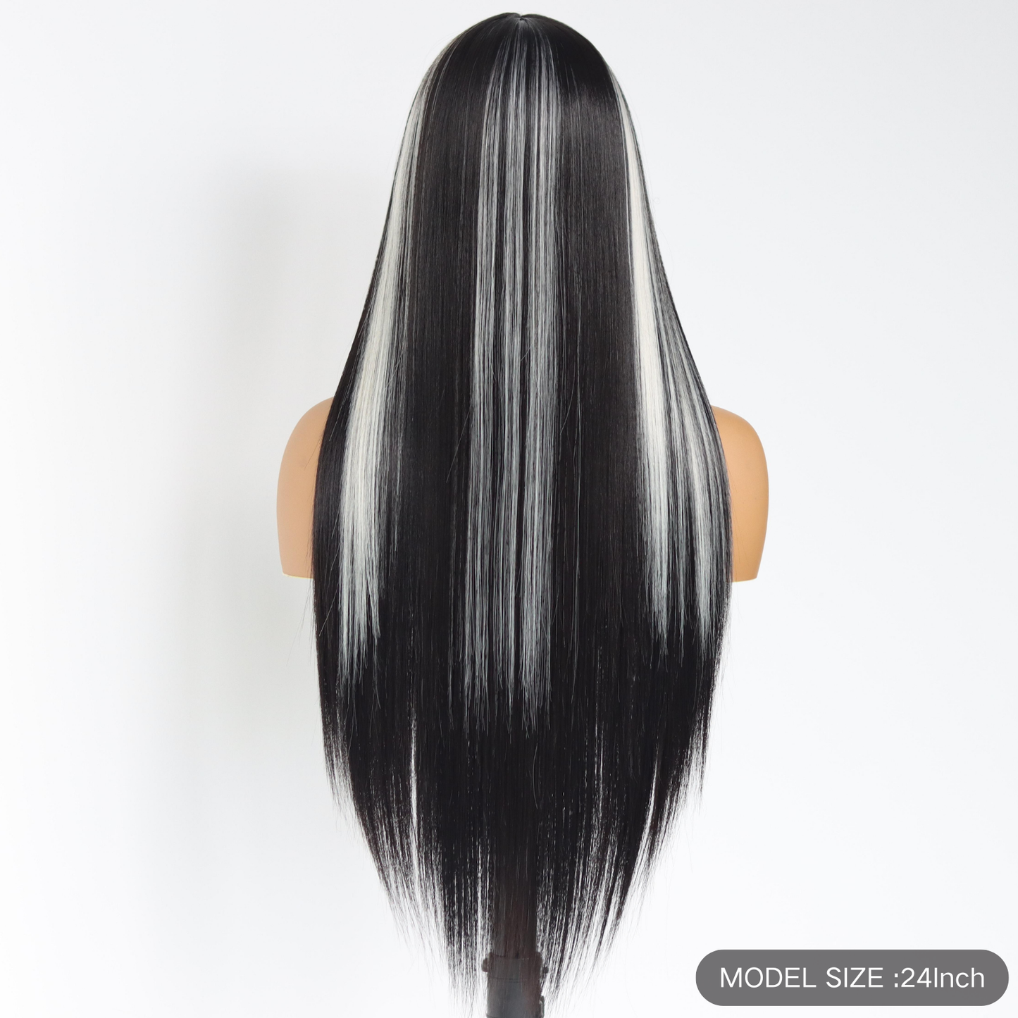 White Highlights 13×4 Lace Front Wigs White Skunk Stripes Synthetic Wig Glueless Breathable Fashion Wig Long Straight Black And white Striped Wig For Black Women(24Inch)