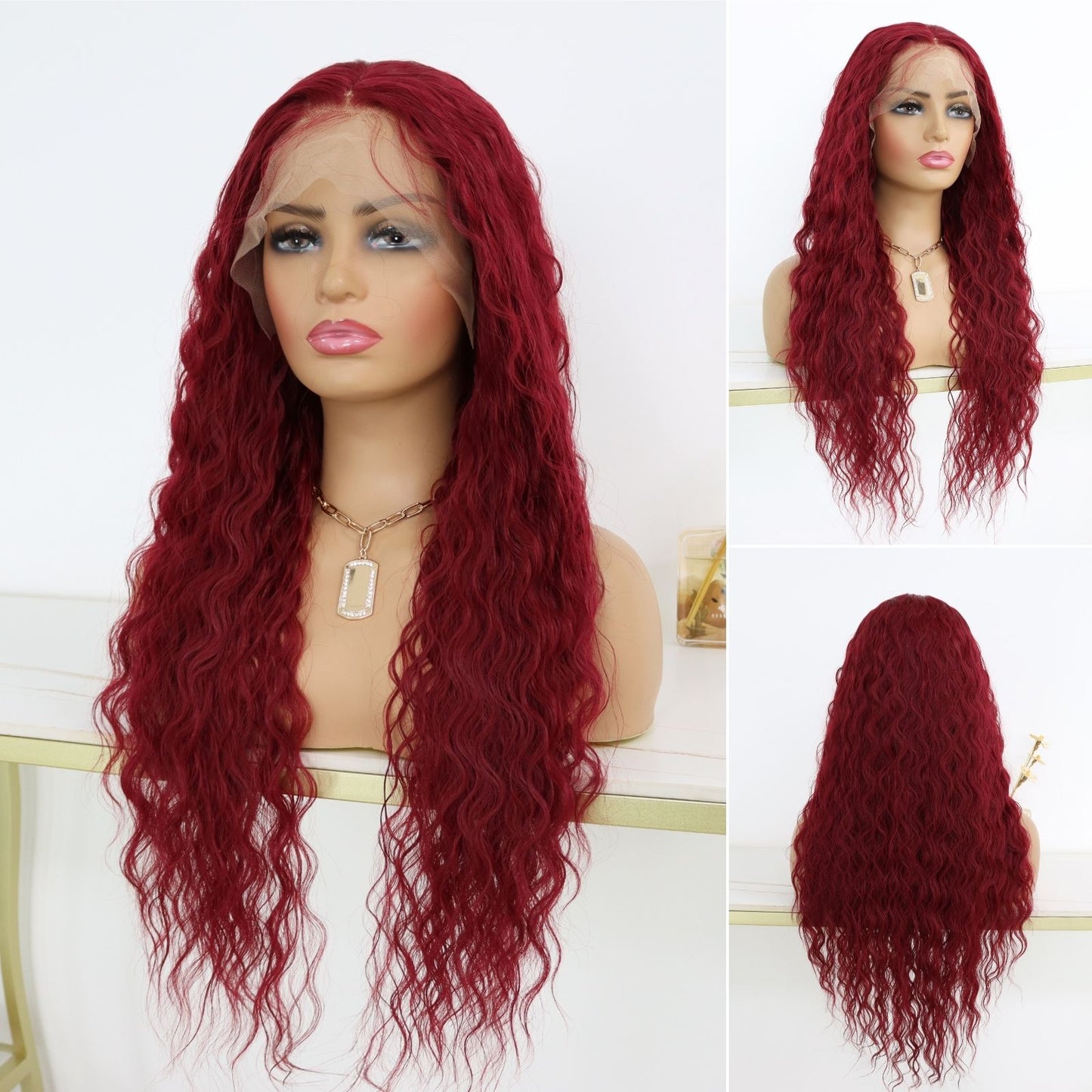 Burgundy Long Curly Synthetic Lace Front Wig 13x4 for Party Daily Use 32 Inch