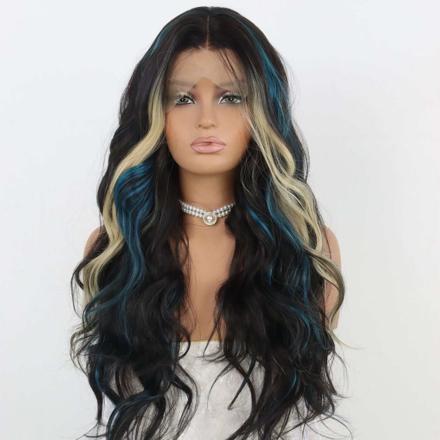 Blue & Blonde Highlights Black Body Wavy Synthetic Lace Front Wig Heat Resistant Pre Plucked 13x4 Party Daily Use 24 Inches