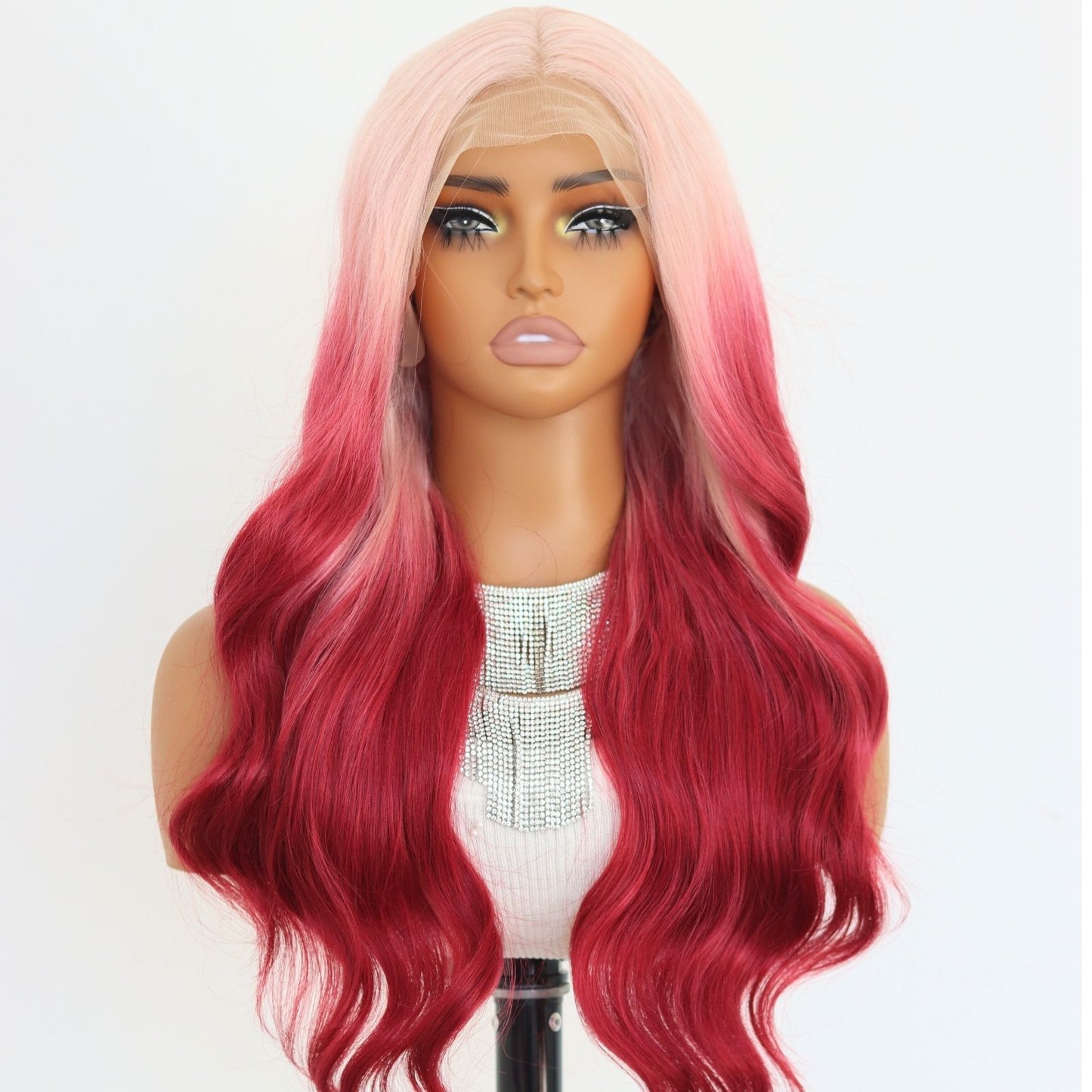 24 Inch Pink to Burgundy Ombre Wavy Synthetic Lace Front Wig Heat Resistant Fiber 13x4 Free Part Pre-Plucked Hairline Natural Look