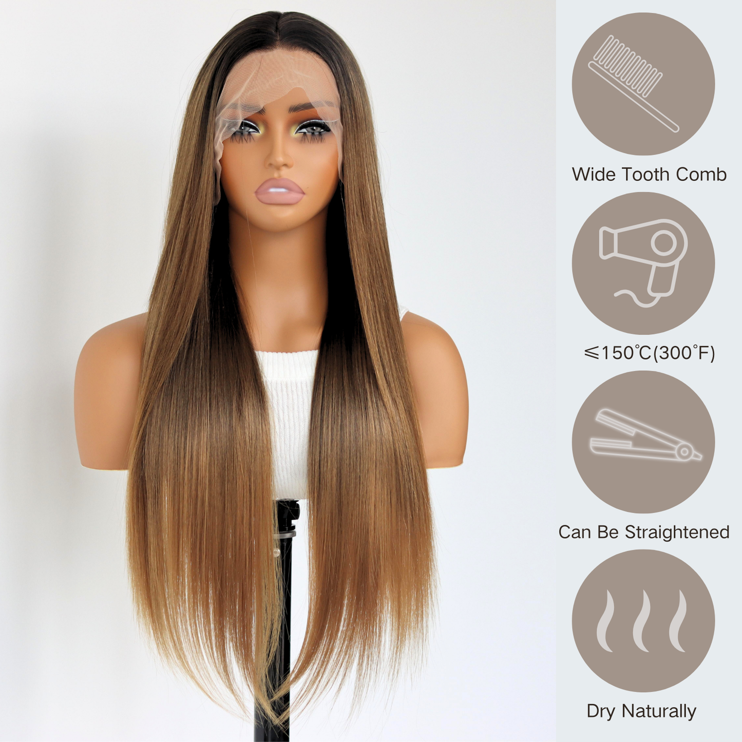 Ombre Brown Long Straight Synthetic Wig 13×4 Lace Front Wig Ombre Brown Glueless Heat-resistant Synthetic Wig Suitable For Daily Party Wedding Dates(24Inch)