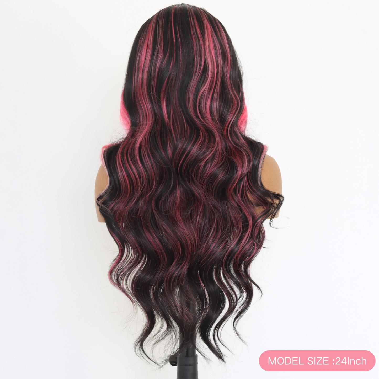 Pink Highlights Lace Front Wig Pink Skunk Stripe Synthetic Wavy Wigs 13×4 Lace Front Wig Pink and Black Colored Wigs 150% Density 24 Inch For Black Women