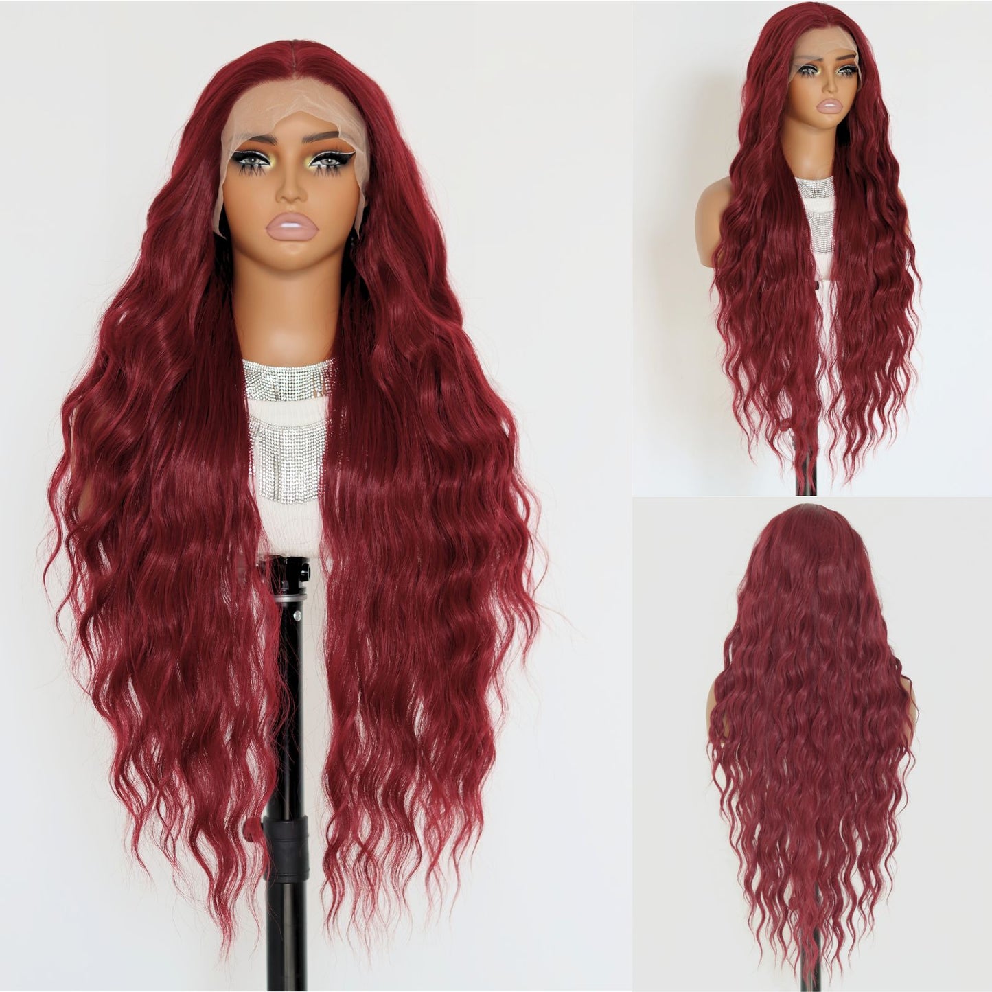 Burgundy Water Wave Synthetic Lace Front Wig 13x4 for Party Halloween Use 32 Inch