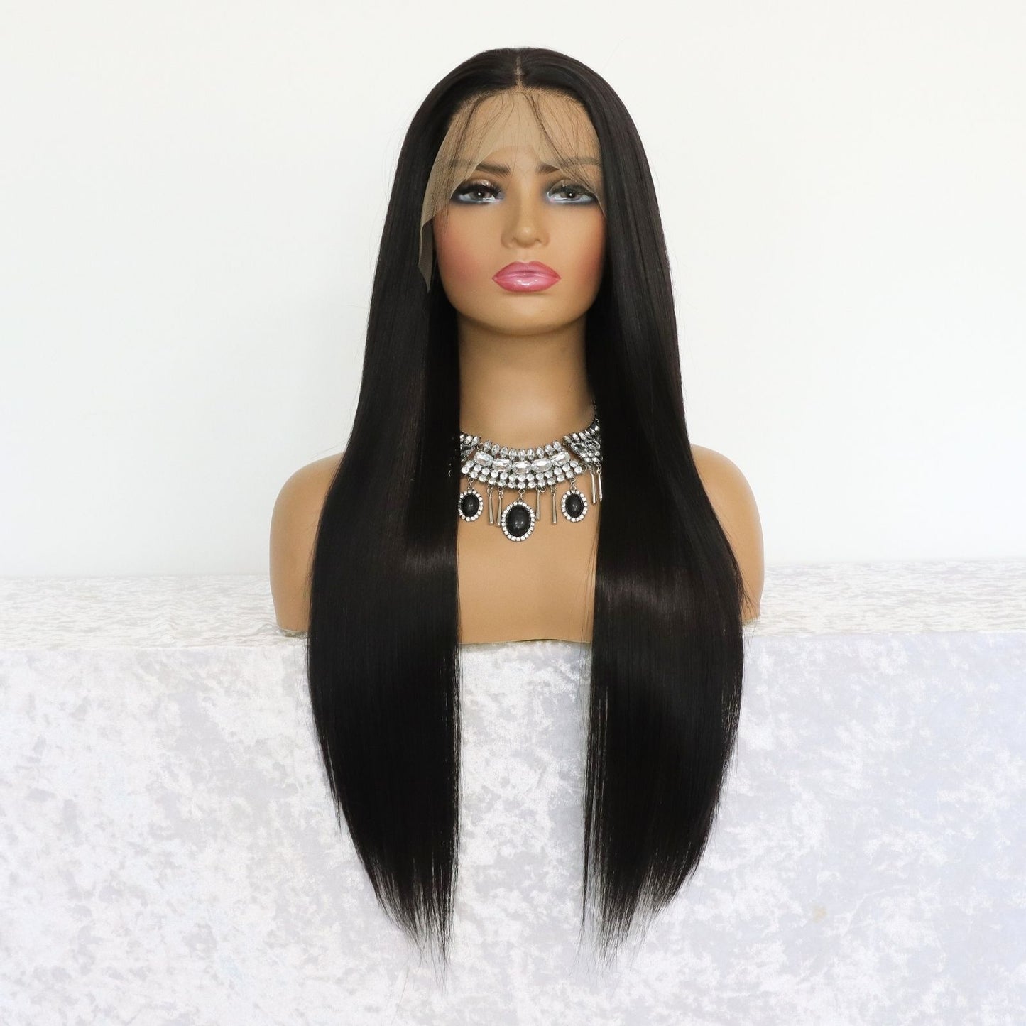 Silky Long Straight Black Synthetic Lace Front Wig with Free Part Pre Plucked 13X4 Heat Friendly 24 Inches