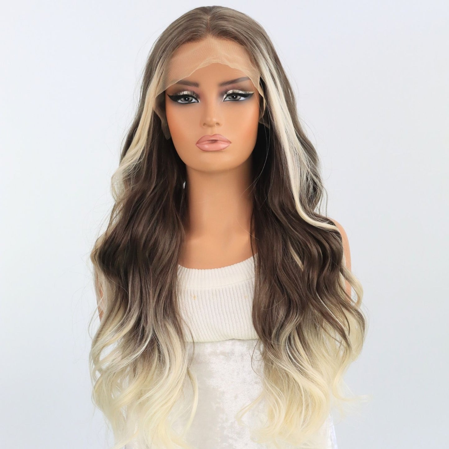 Ombre Blonde Body Wave Synthetic Lace Front Wig Free Part Pre Plucked 13X4 for Women Daily Use 24 Inches Heat Friendly