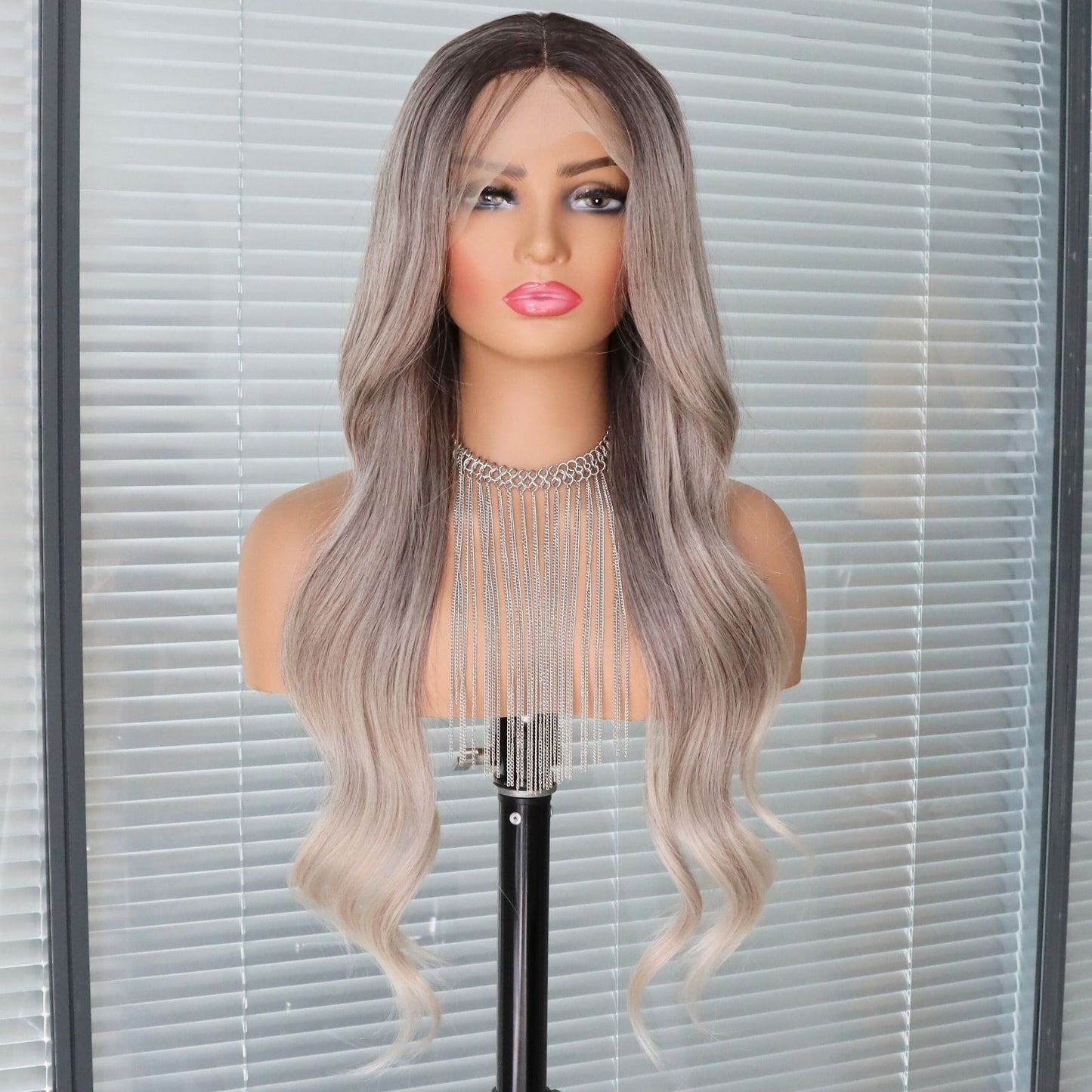 Silver Light Grey Ombre Lace Front Synthetic Wig with Dark Ash Brown Roots 24 Inch 13x4 Long Loose Wave Heat-Resistant HD Lace Free Part for Daily & Party Wear
