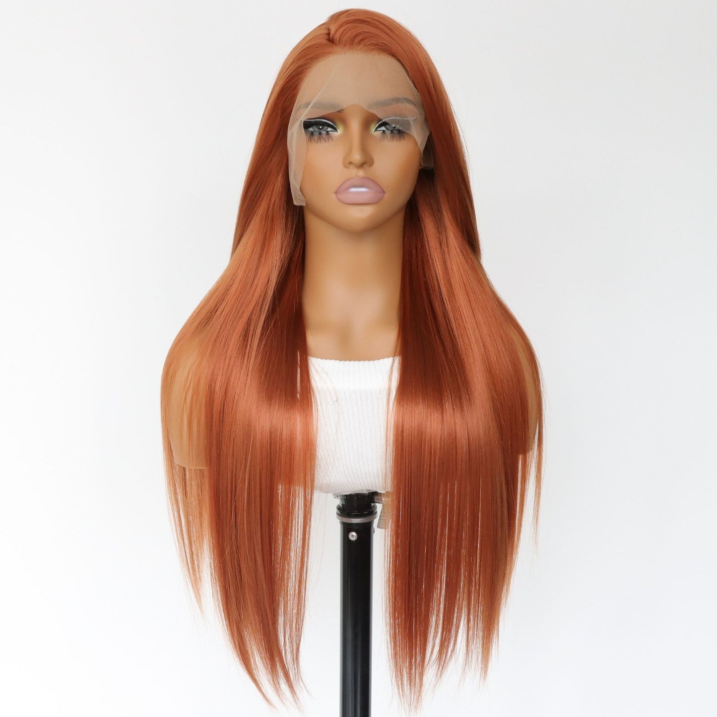 Copper Orange Straight Synthetic Lace Front Wig Ginger Orange Heat Resistant HD Transparent & Pre Plucked Free Part 13x4 Party Daily Use 24-Inch