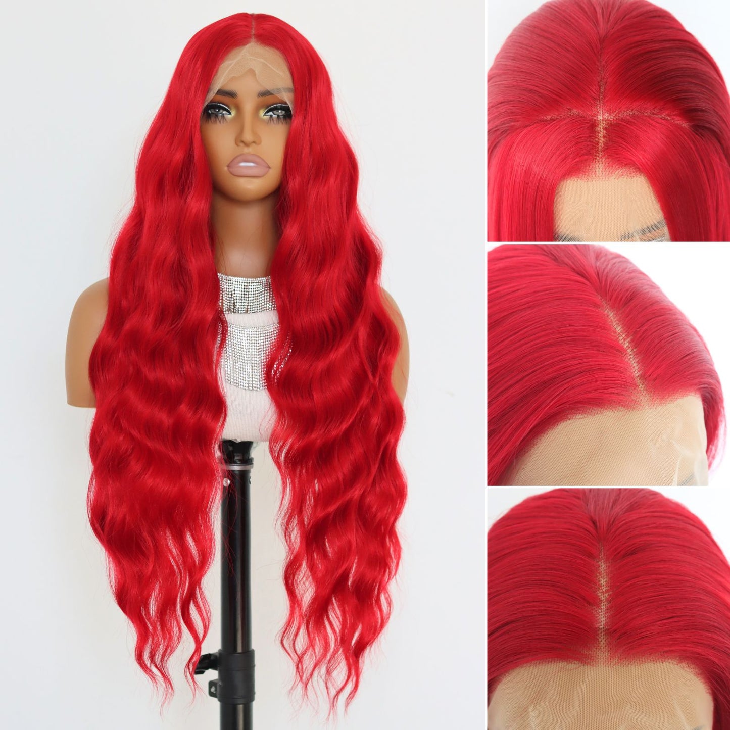 Red Body Wave Ponytail Synthetic Lace Front Wig 13x4 for Cosplay Halloween Use 32 Inch