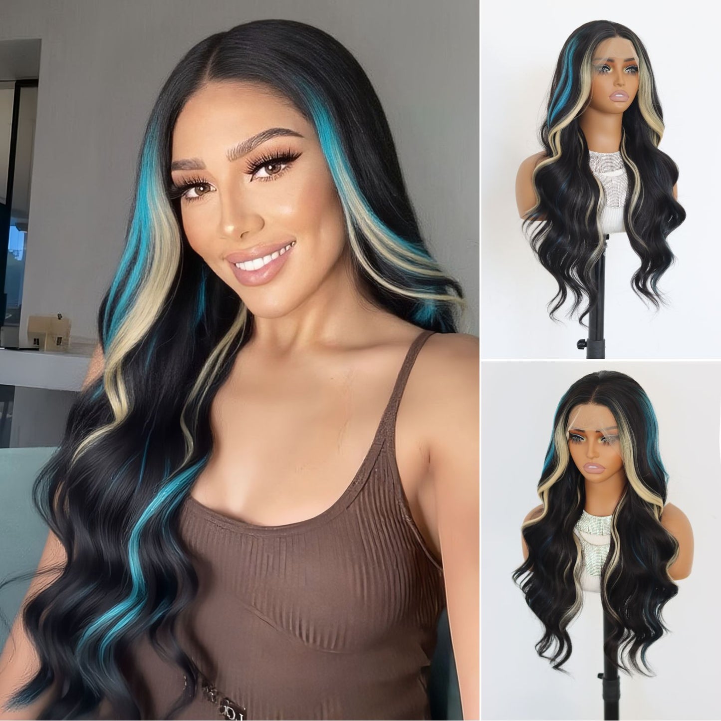 Highlight Blonde & Blue Black Body Wave Ombre Synthetic Lace Front Wig 13X4 Party  Daily Use 24 Inches