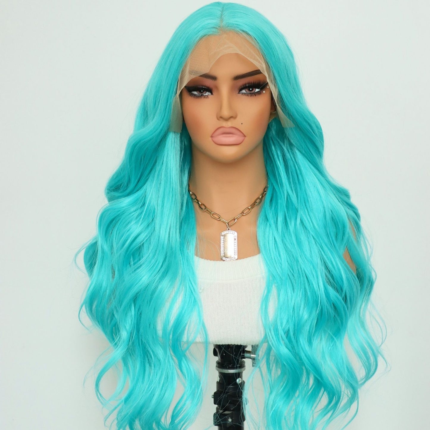 Turquoise Blue Long Body Wavy Synthetic Lace Front Wig 13x4 Pre-Plucked Hairline Free Part 24 Inches
