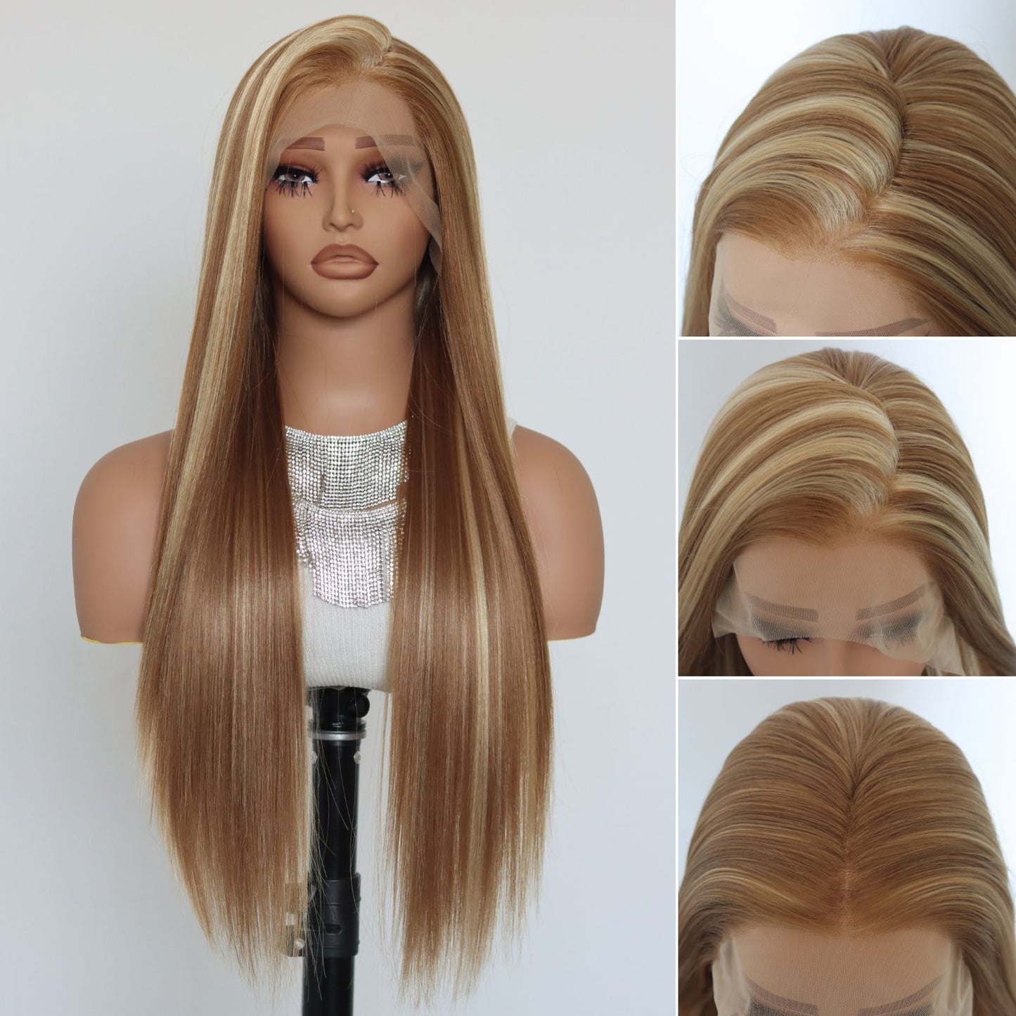 Highlight Blonde Brown Straight Synthetic Lace Front Wig 13X4 Party Daily Use 28 Inches