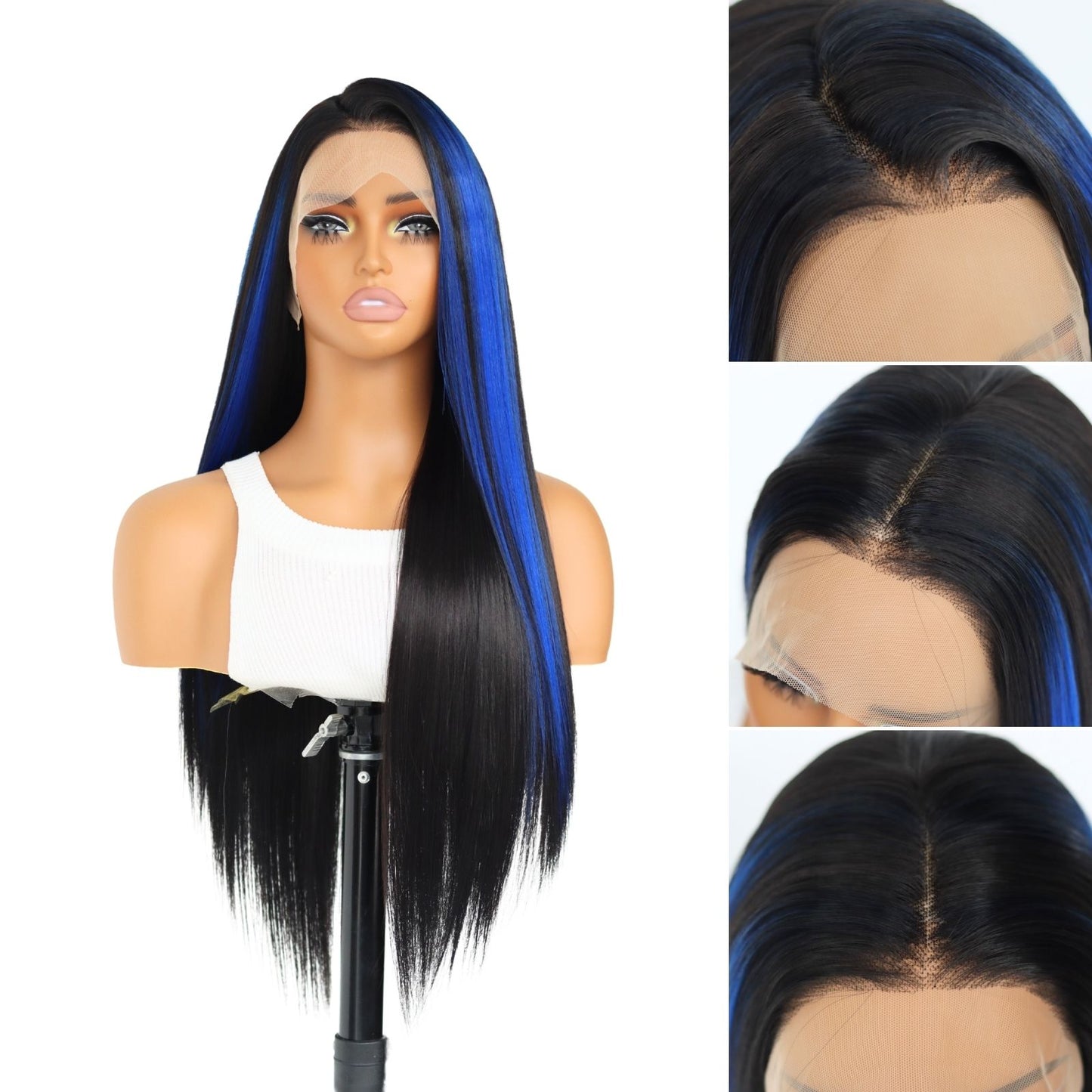 Highlight Blue Black Straight Synthetic Lace Front Wig 13X4 Party Daily Use 26 Inches