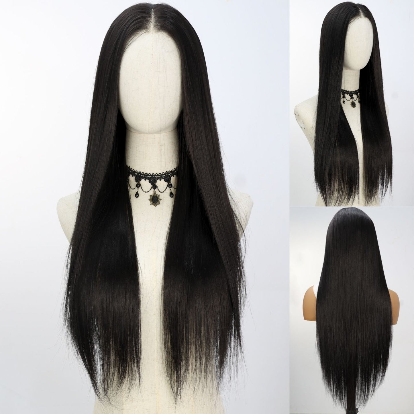 Natural Black Straight Synthetic Lace Front Wig Pre-Cut 7X5 Daily Use 24 Inches