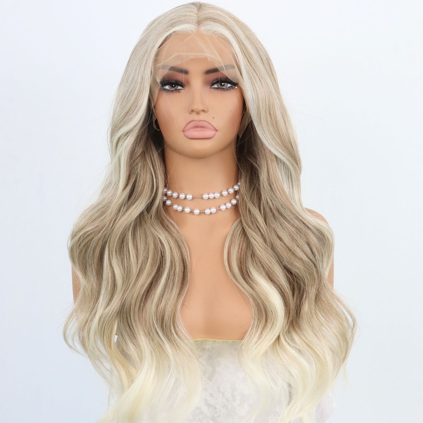 24 Inch Blonde Ombre Highlight Beige Brown Wavy Lace Front Wig 13x4 Free Part Heat Resistant Synthetic Hair, Natural Look