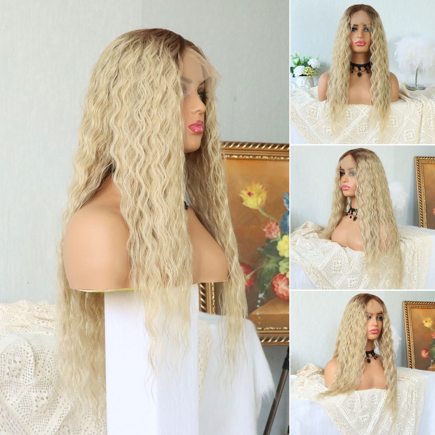 Ombre Blonde Long Curly Synthetic Lace Front Wig 13x4 for Party Christmas Daily Use 28 Inch