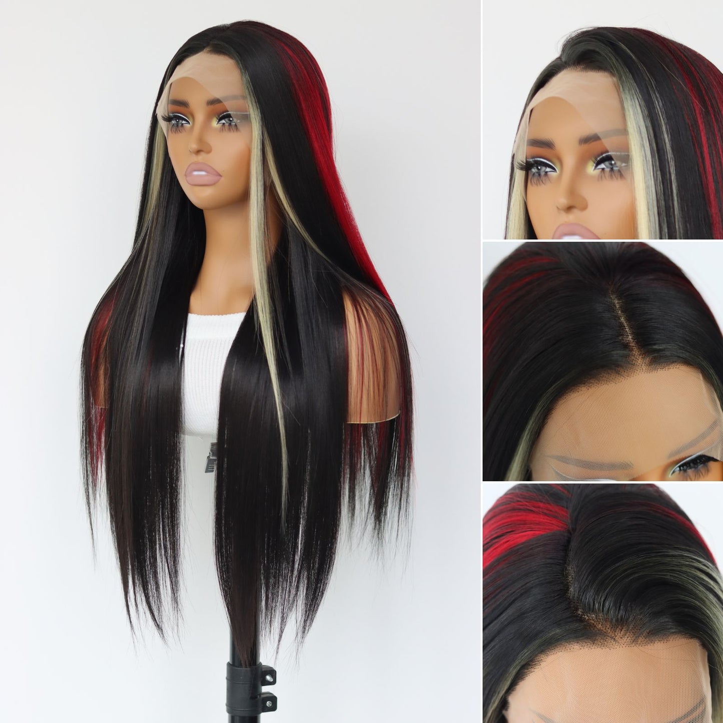 Highlight Red Blonde Black Mixed Straight Synthetic Lace Front Wig 13X4 Party Daily Use 26 Inches