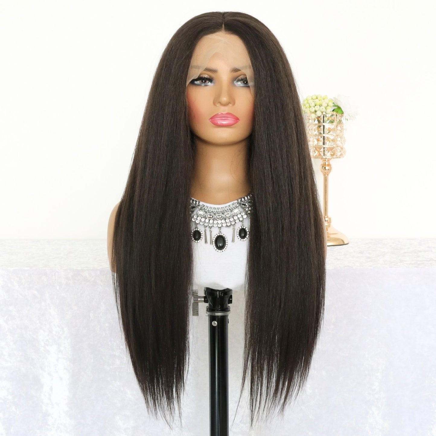 Long Yaki Straight Synthetic Lace Front Wig 13x4, 24" Black Heat-Resistant Fiber, Free Part, Natural Look
