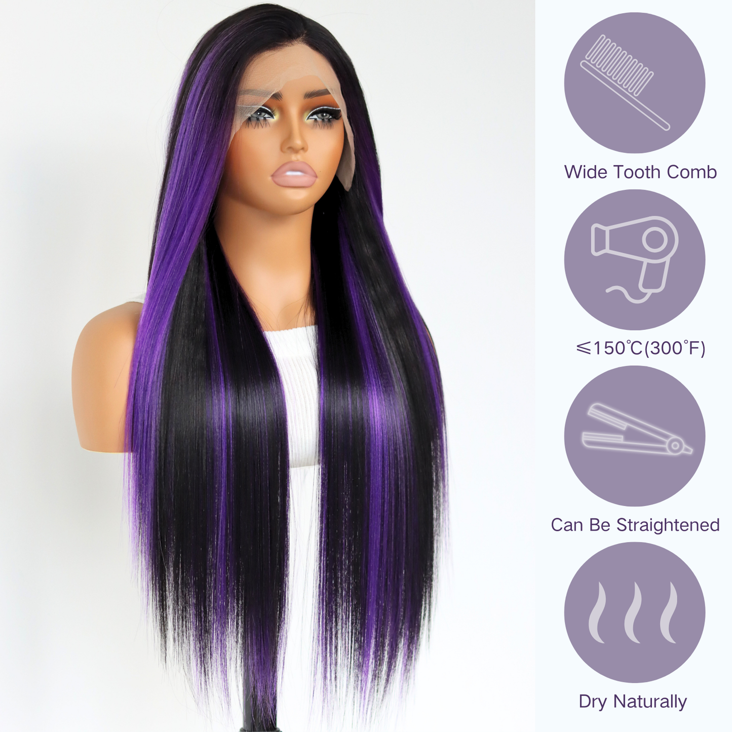 Purple Highlights Synthetic Wig Purple Skunk Stripes 13×4 Lace Front Wigs Pre Plucked Glueless Heat-resistant Fiber Suitable For Black Women Daily Party Wear(24Inch)