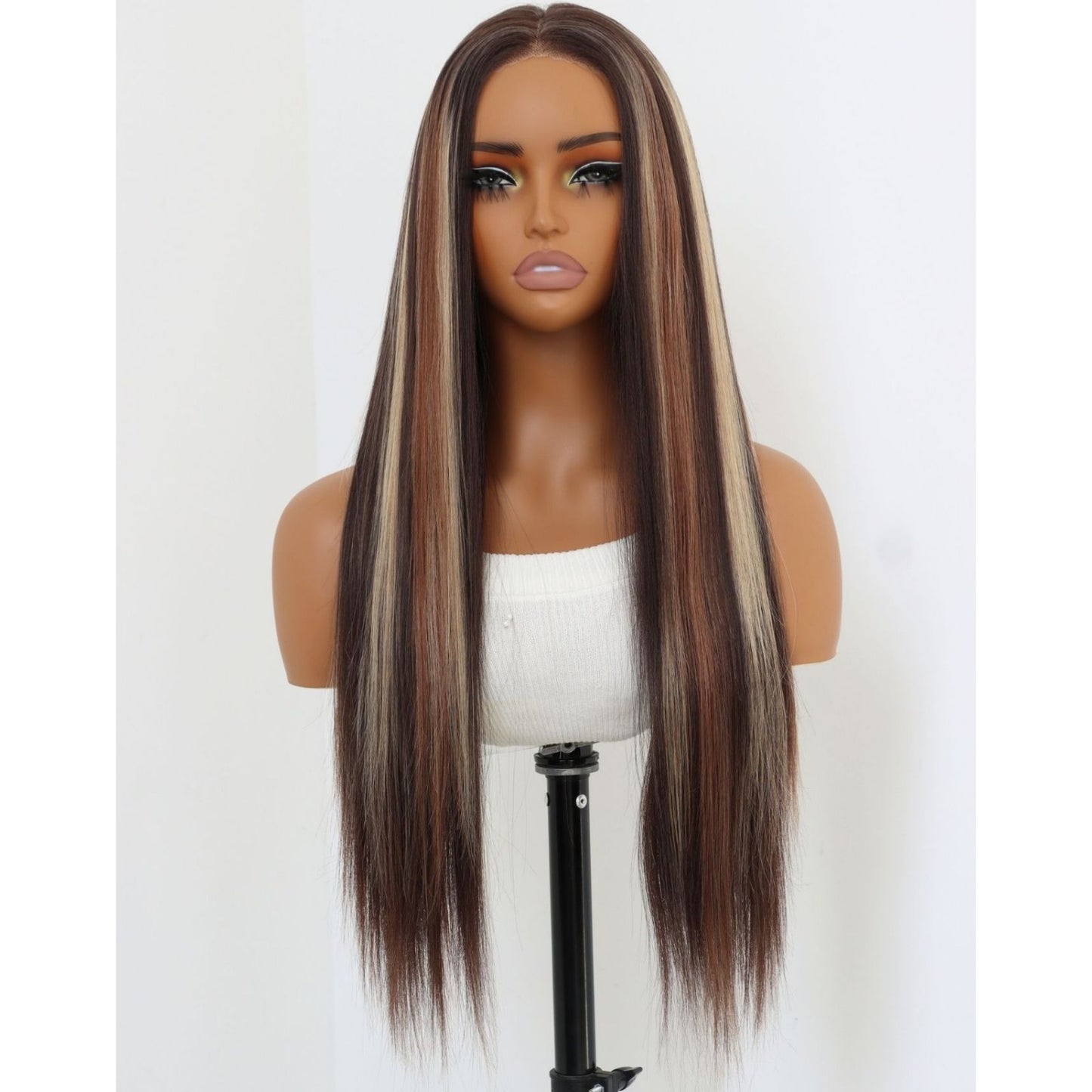 Reddish Brown Mix Blonde Highlight Natural Straight 24 inches 7X5 Pre Cuted Free Part Lace Front Women's Wig Heat Friendly