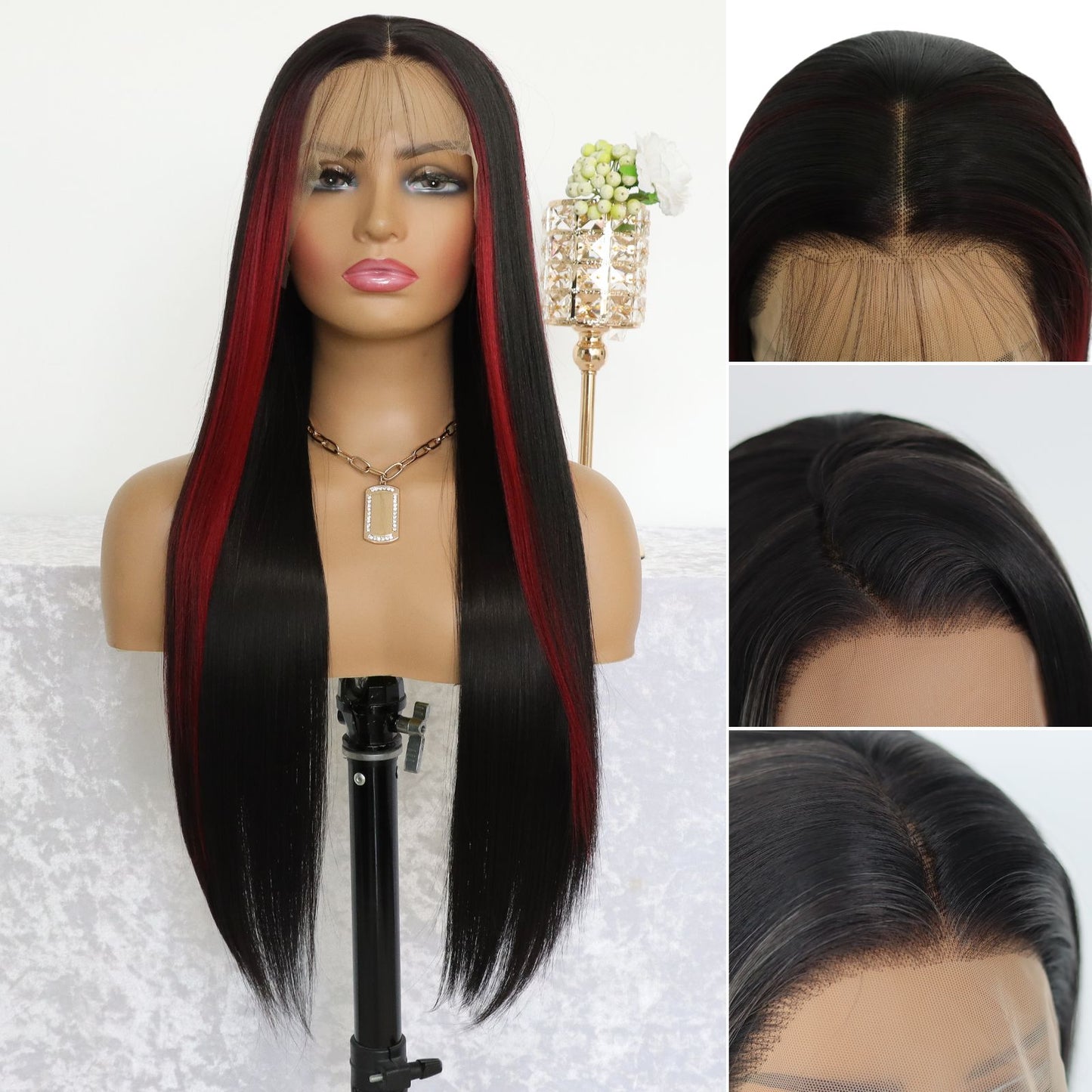 Highlight Red Black Straight Synthetic Lace Front Wig 13X4 Party Daily Use 26 Inches