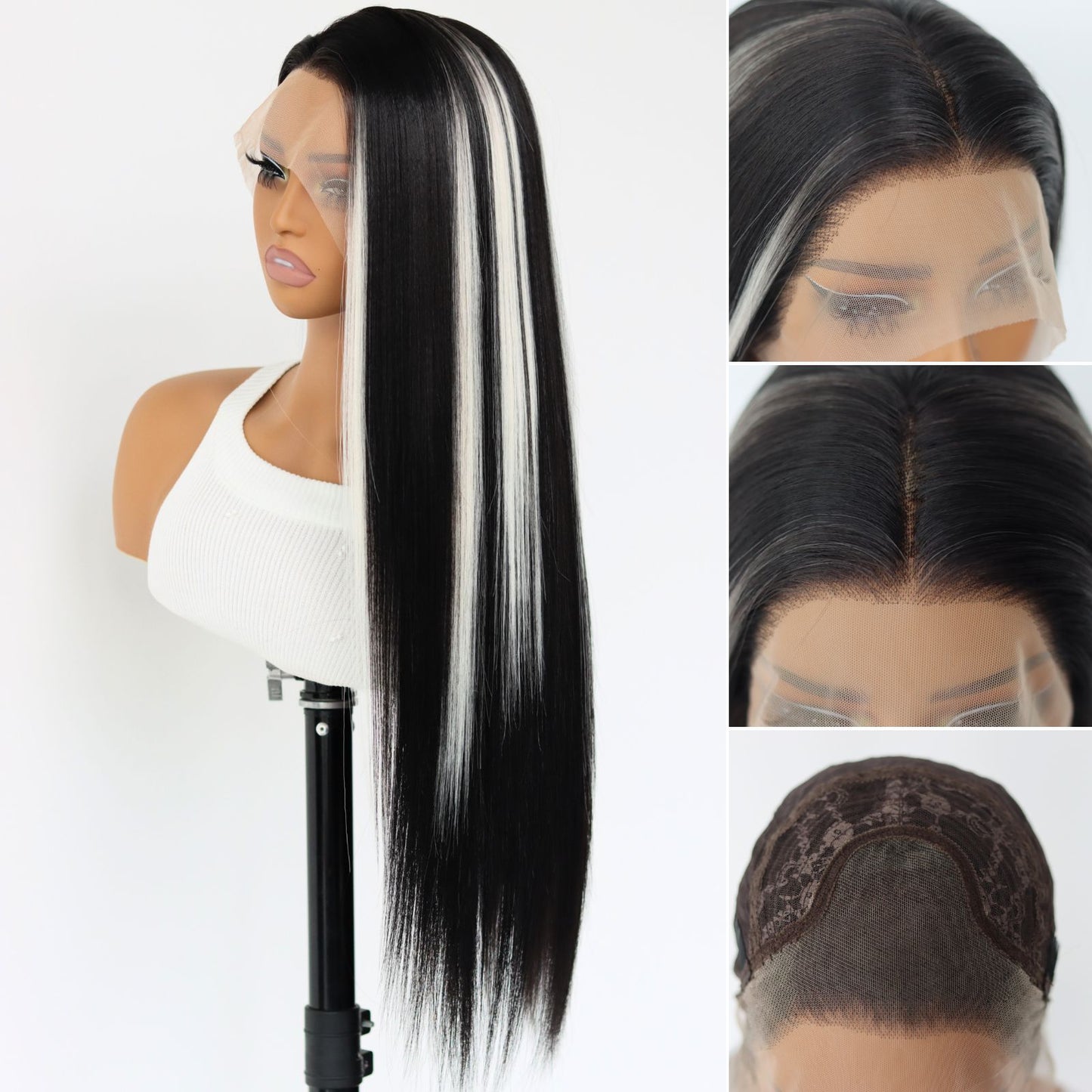 Highlight White Black Straight Synthetic Lace Front Wig 13X4 Party Daily Use 26 Inches