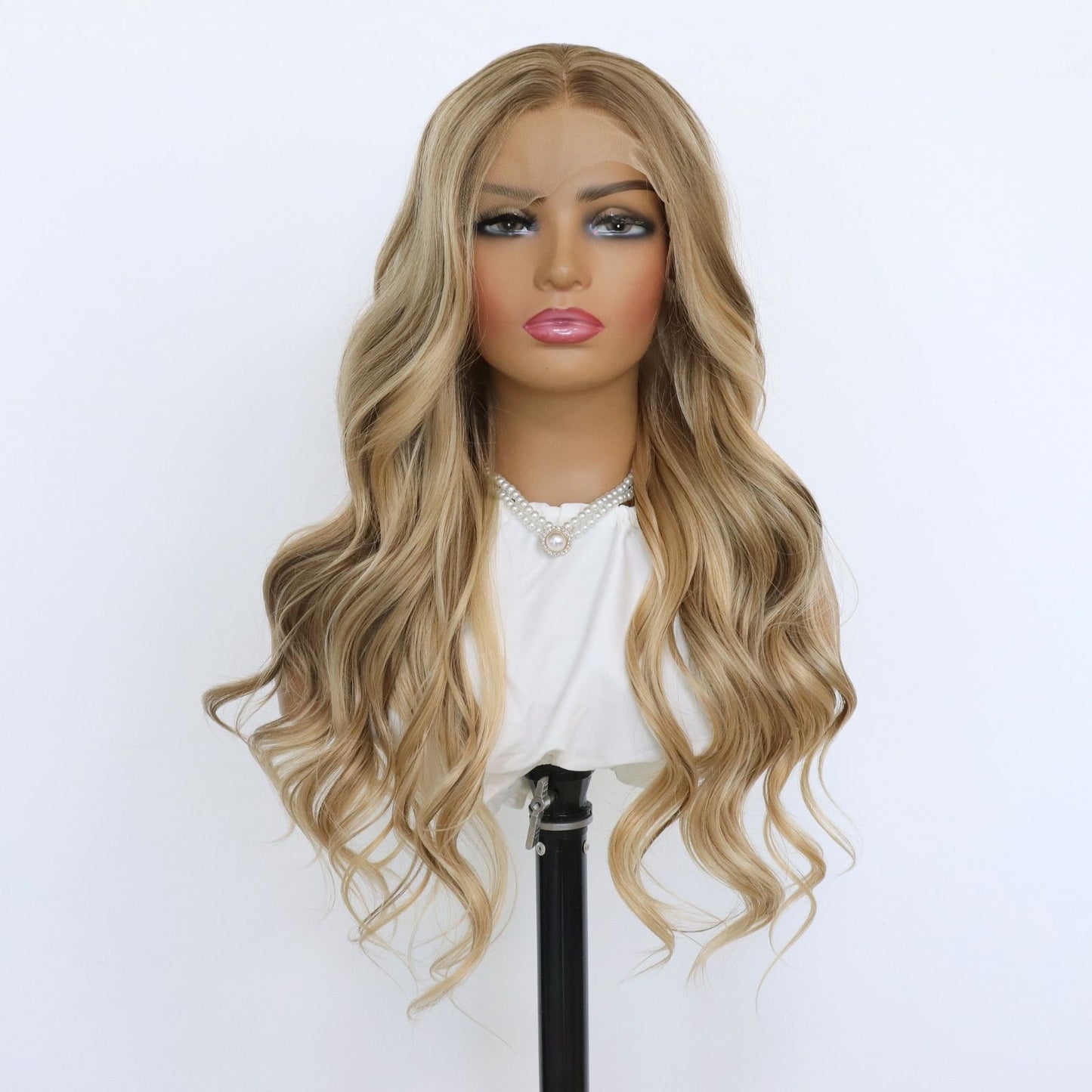 Blonde Body Wavy Synthetic Wig with Natural Highlights 24 inches 13x4 Pre Plucked Free Part Lace Front Women's Wig Heat Friendly