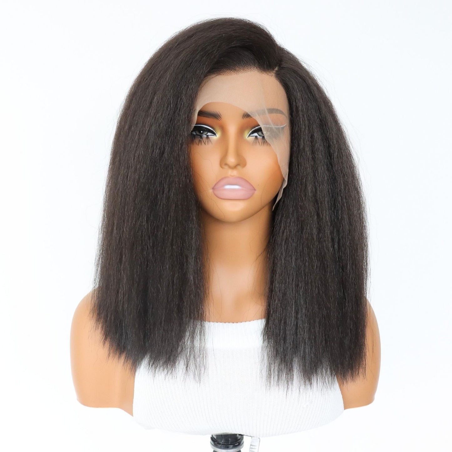 14 Inch Short Yaki Kinky Straight Lace Front Wig Dark Brown Heat-Resistant Synthetic Fiber HD Transparent Lace with 5" Deep Side Part