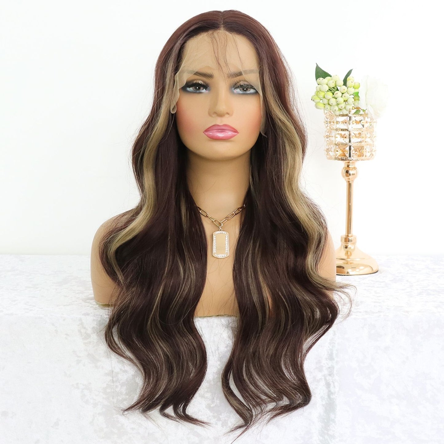 Hazelnut Lace Front Wig with Honey Blonde Highlight Long Wavy Synthetic Wig Loose Curls Heat-Resistant & Pre-Plucked Hairline Wig 13x4 HD Transparent Free Part Natural Looking 24"