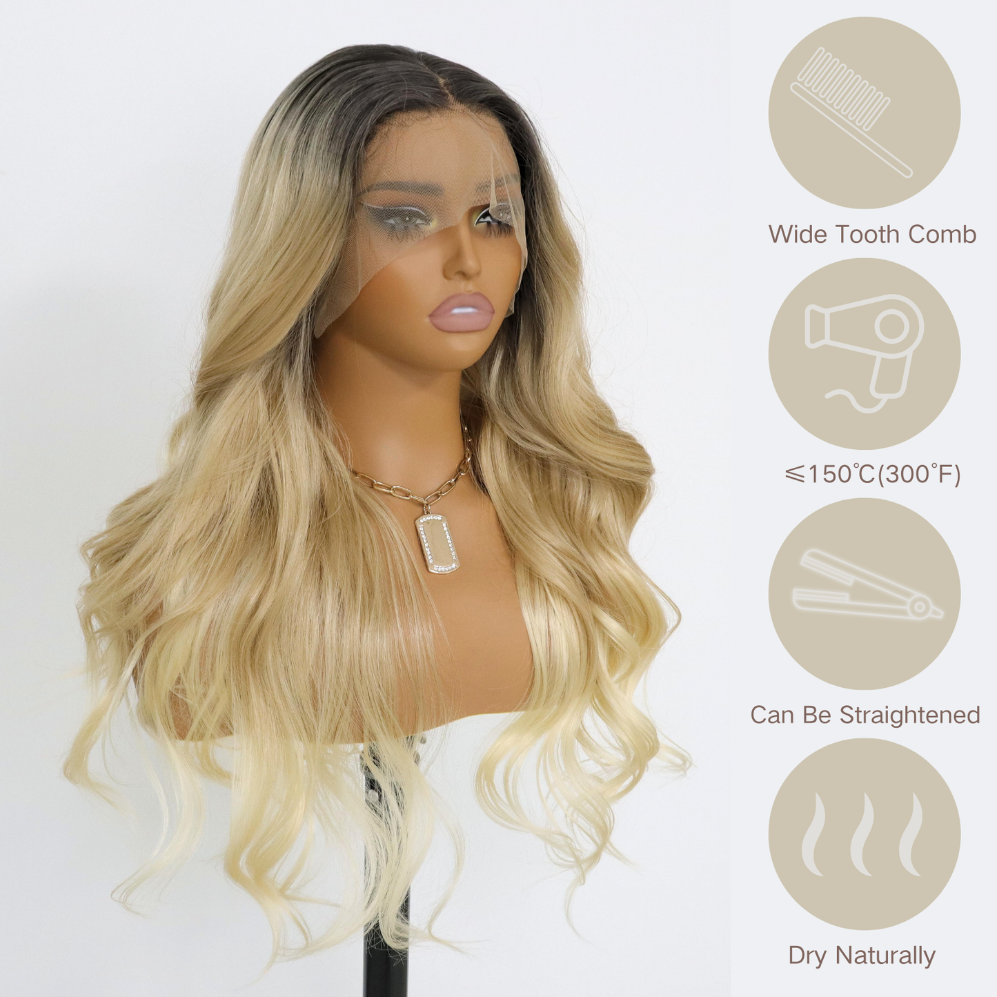 Ombre Blonde Wavy Wig 24 Inch Blonde Curly Wave Synthetic Wig Pre Plucked Heat Resistant Fiber Wig for Daily Party Use