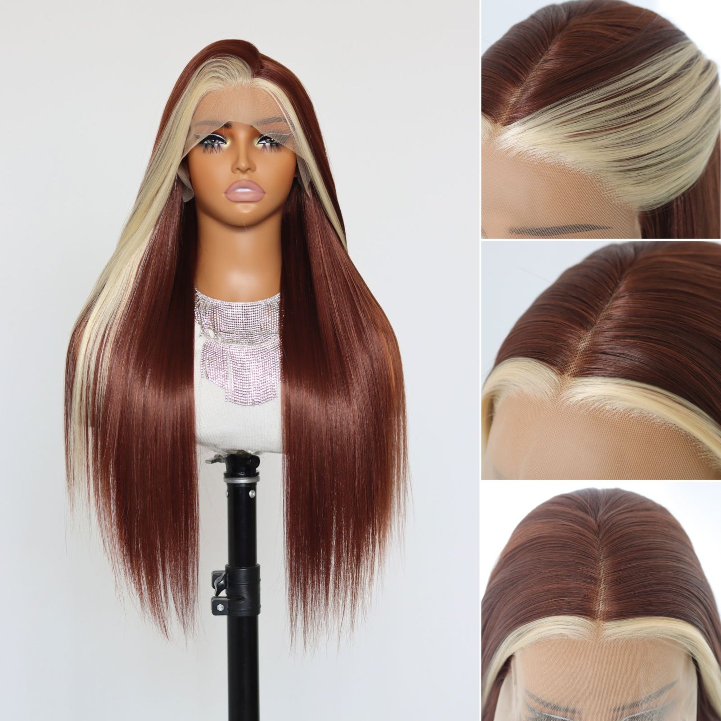 Reddish with Blonde Skunk Stripe Straight Synthetic Lace Front Wig 13X4 Party Daily Use 26 Inches