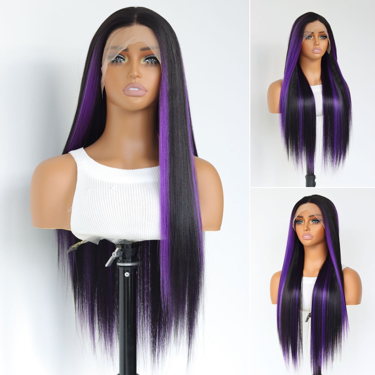 Highlight Purple Black Straight Synthetic Lace Front Wig 13X4 Party Daily Use 26 Inches