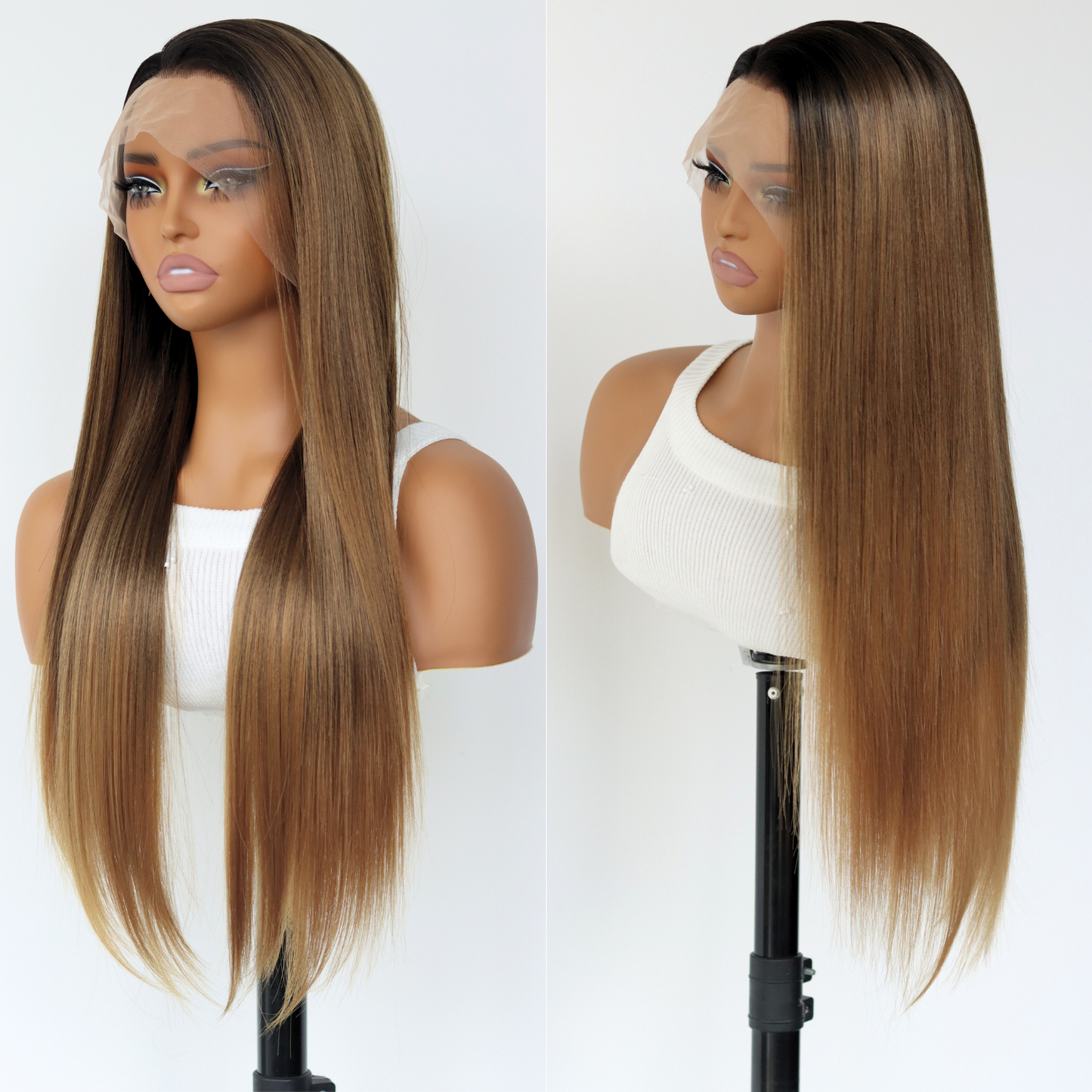 Ombre Brown Long Straight Synthetic Wig 13×4 Lace Front Wig Ombre Brown Glueless Heat-resistant Synthetic Wig Suitable For Daily Party Wedding Dates(24Inch)