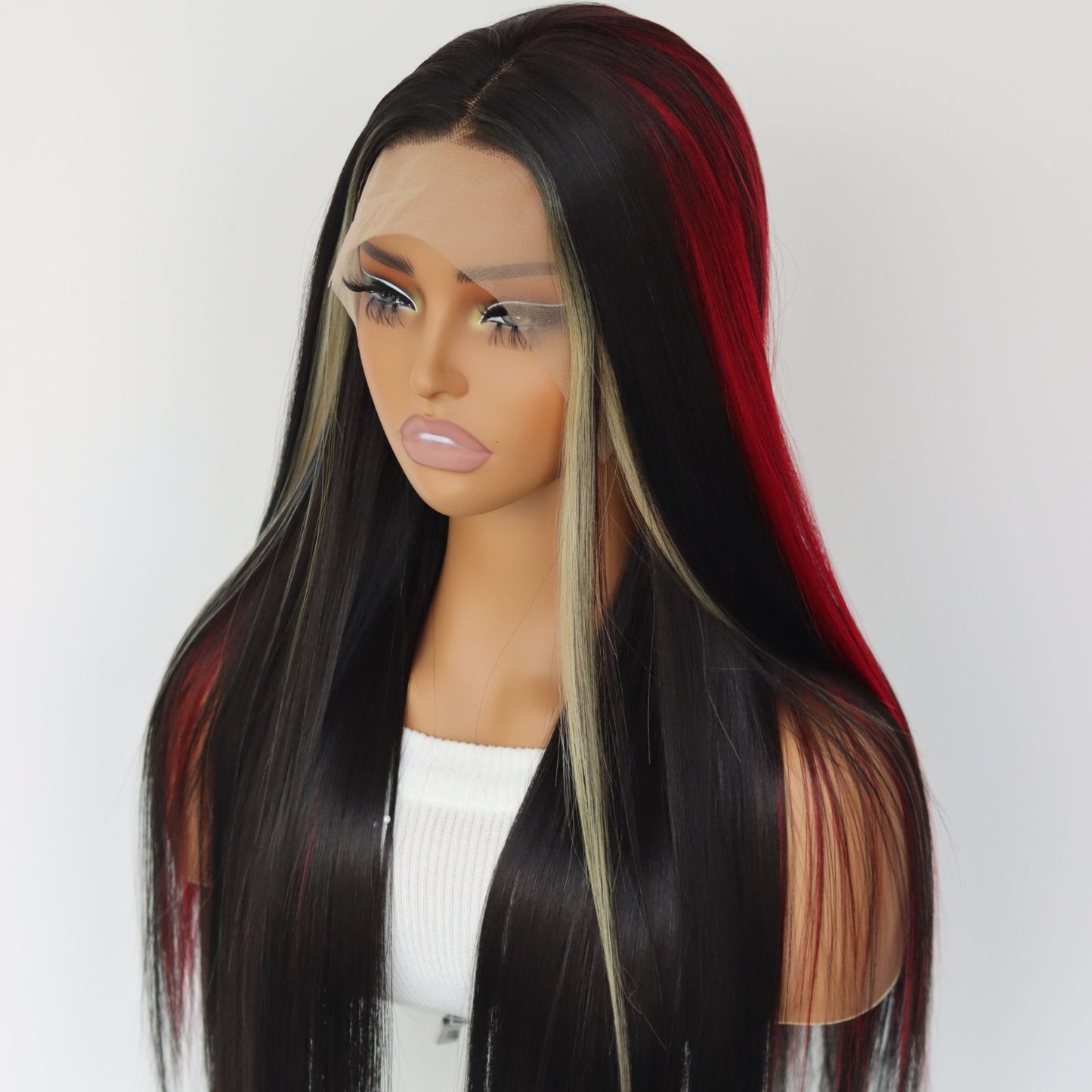 Highlight Red Blonde Black Mixed Straight Synthetic Lace Front Wig 13X4 Party Daily Use 26 Inches