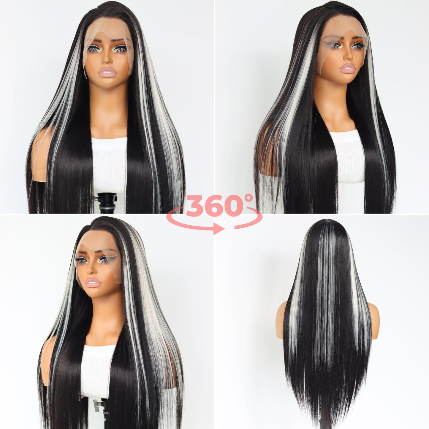 Highlight White Black Straight Synthetic Lace Front Wig 13X4 Party Daily Use 26 Inches