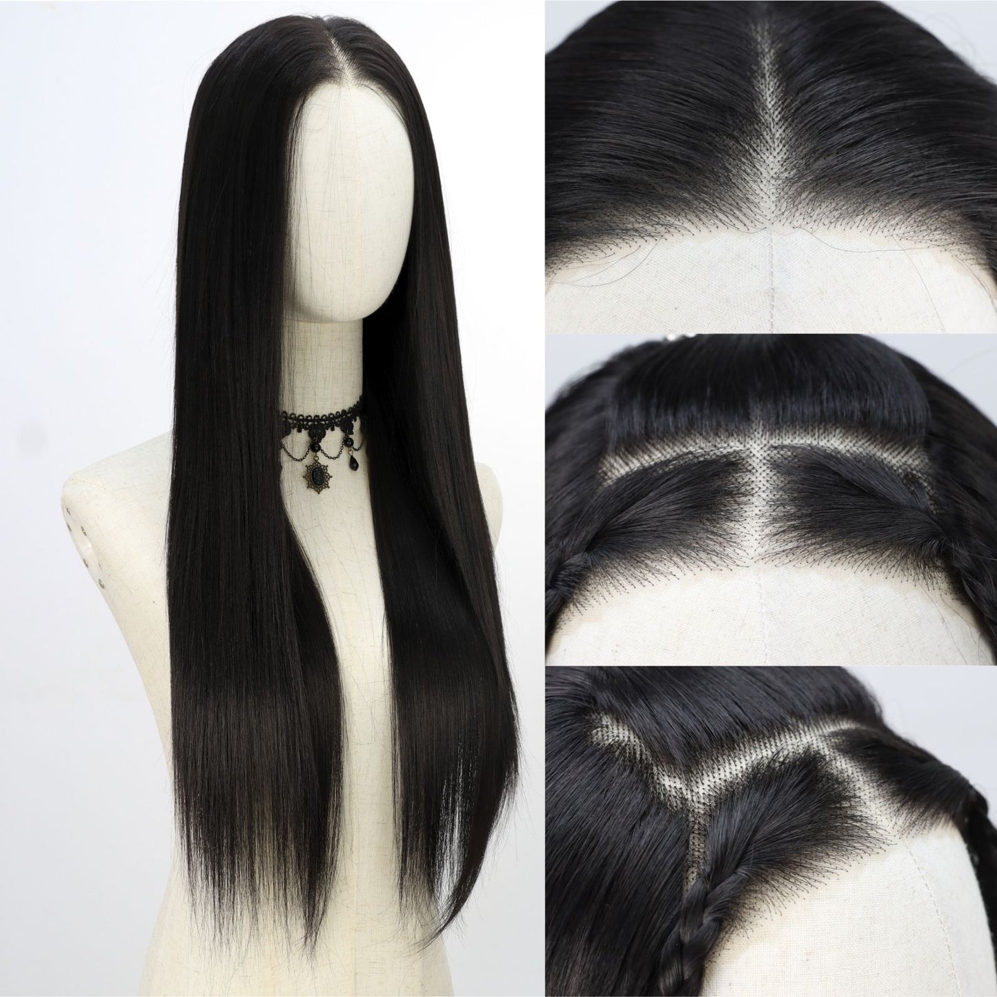 Natural Black Straight Synthetic Lace Front Wig Pre-Cut 7X5 Daily Use 24 Inches