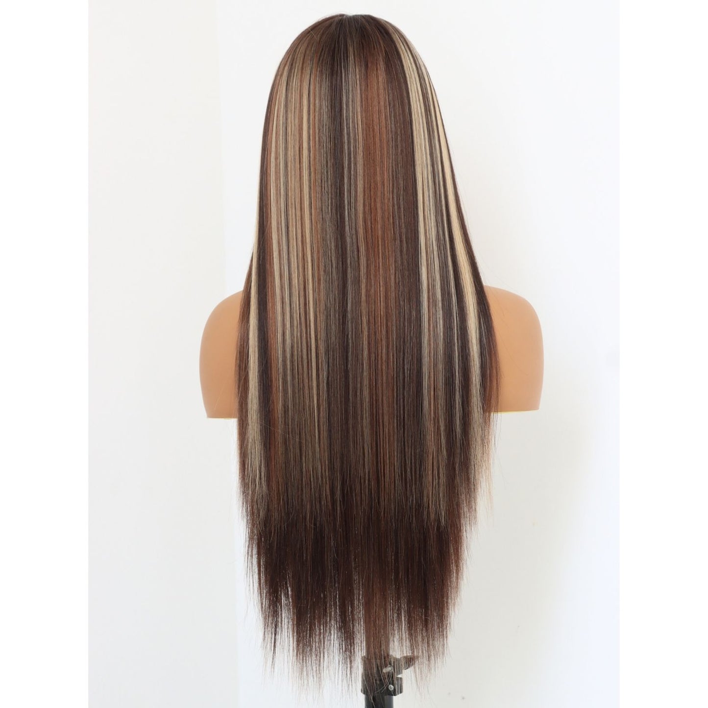 Reddish Brown Mix Blonde Highlight Natural Straight 24 inches 7X5 Pre Cuted Free Part Lace Front Women's Wig Heat Friendly