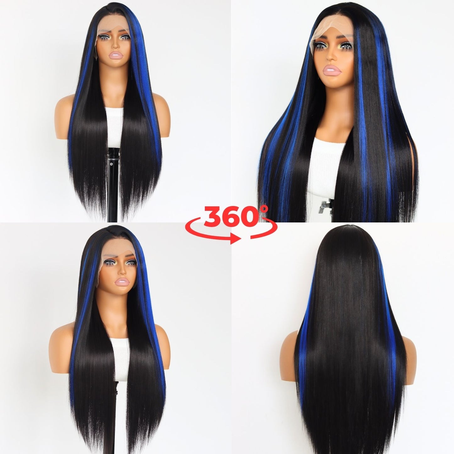 Highlight Blue Black Straight Synthetic Lace Front Wig 13X4 Party Daily Use 26 Inches