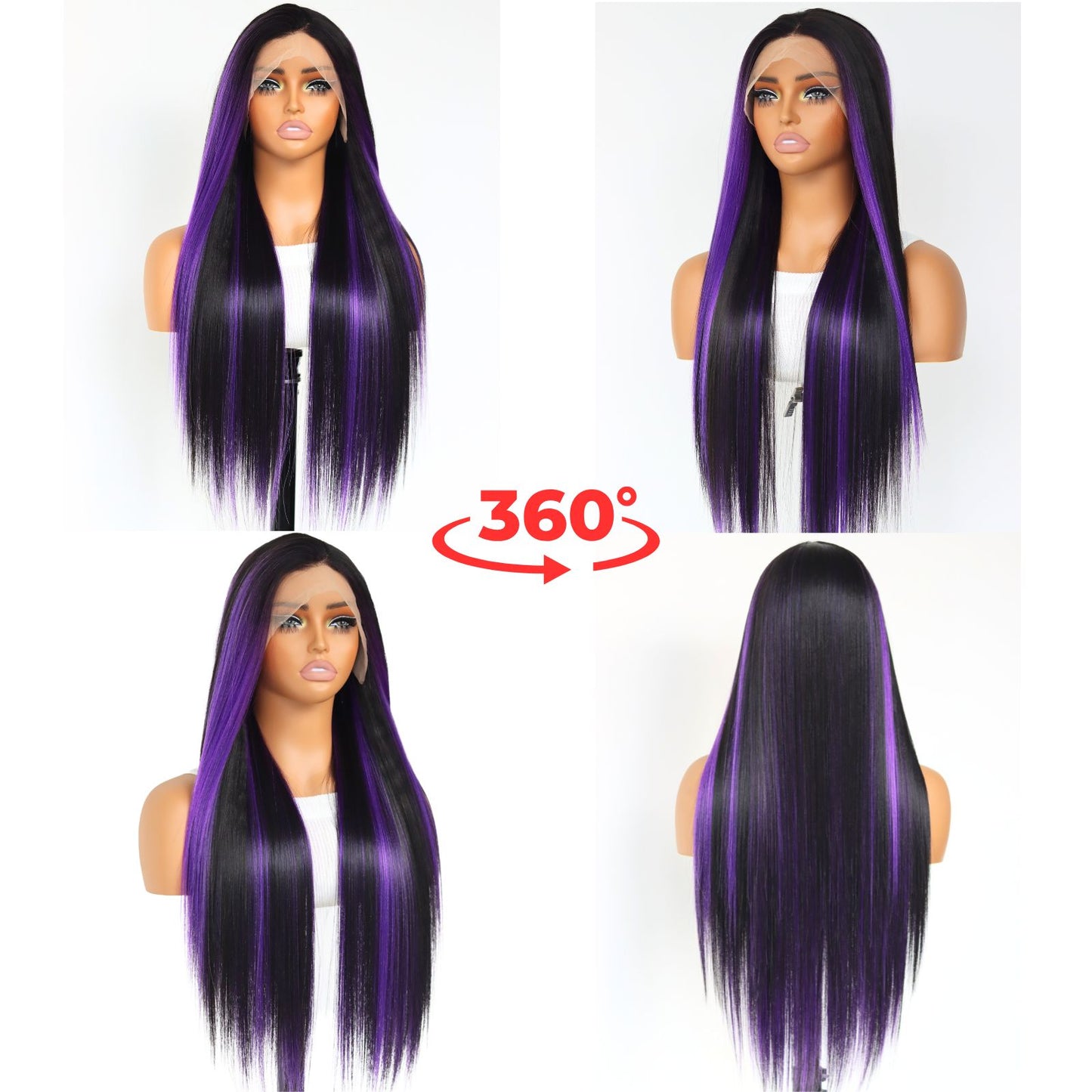 Highlight Purple Black Straight Synthetic Lace Front Wig 13X4 Party Daily Use 26 Inches