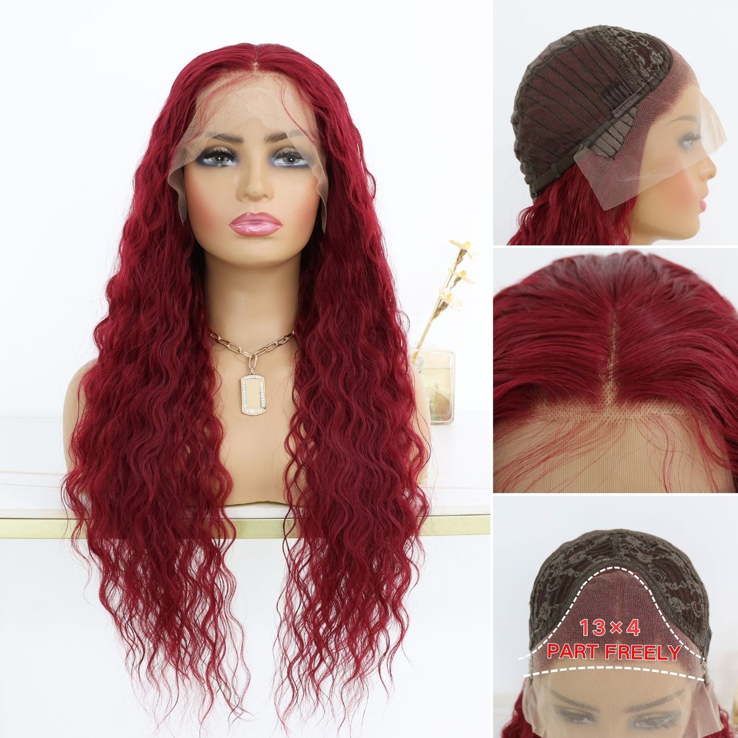 Burgundy Long Curly Synthetic Lace Front Wig 13x4 for Party Daily Use 32 Inch