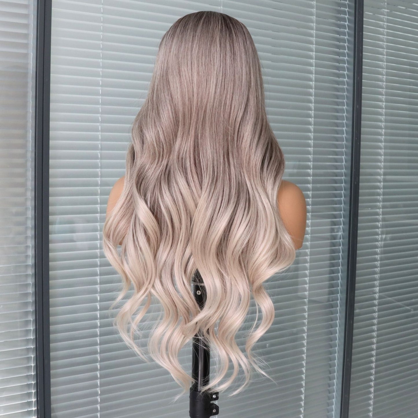 Silver Light Grey Ombre Lace Front Synthetic Wig with Dark Ash Brown Roots 24 Inch 13x4 Long Loose Wave Heat-Resistant HD Lace Free Part for Daily & Party Wear