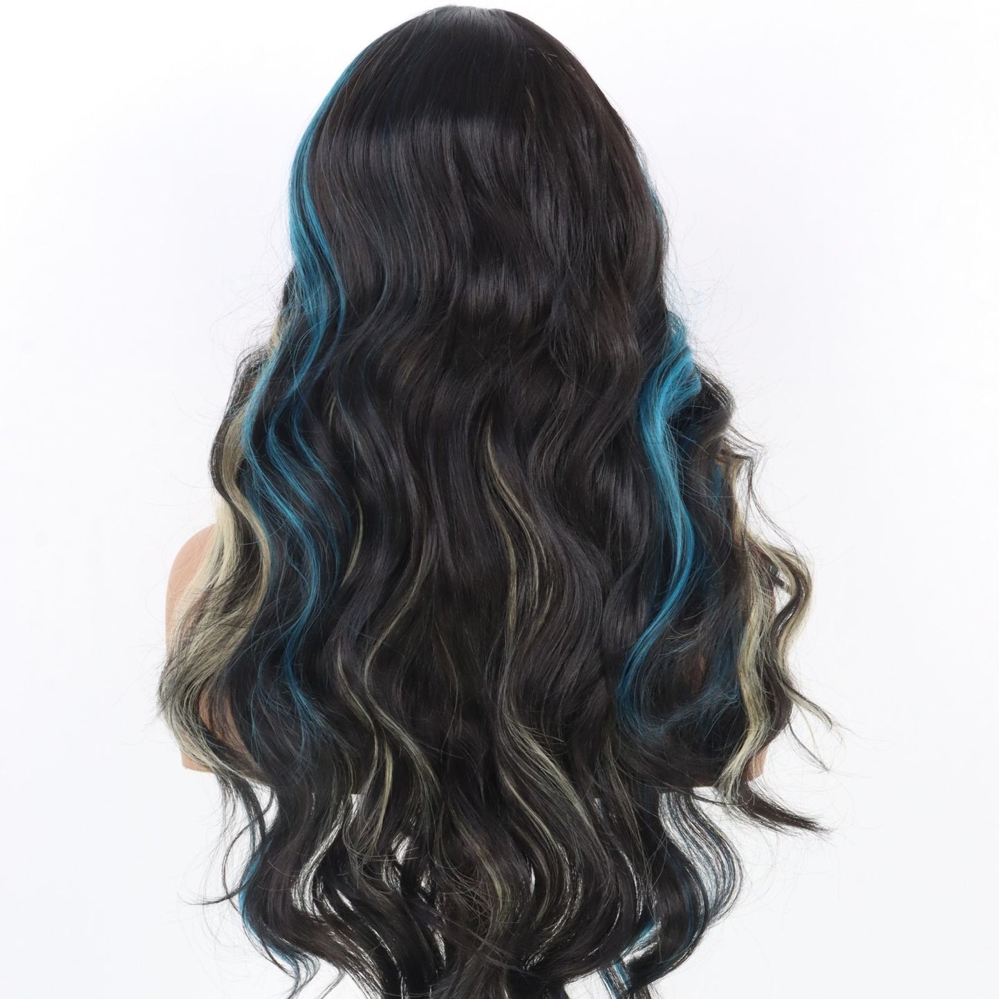 Blue & Blonde Highlights Black Body Wavy Synthetic Lace Front Wig Heat Resistant Pre Plucked 13x4 Party Daily Use 24 Inches