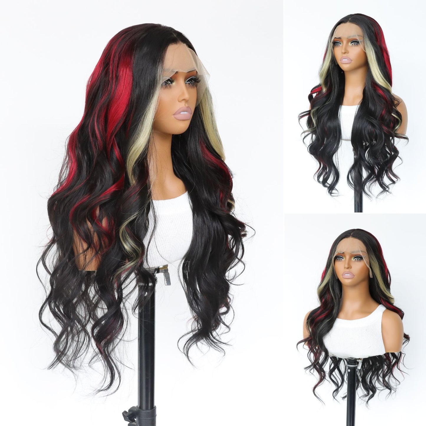 Highlight Blonde Red Black Skunk Stripe Body Wave Ombre Synthetic Lace Front Wig 13X4 Party  Daily Use 24 Inches