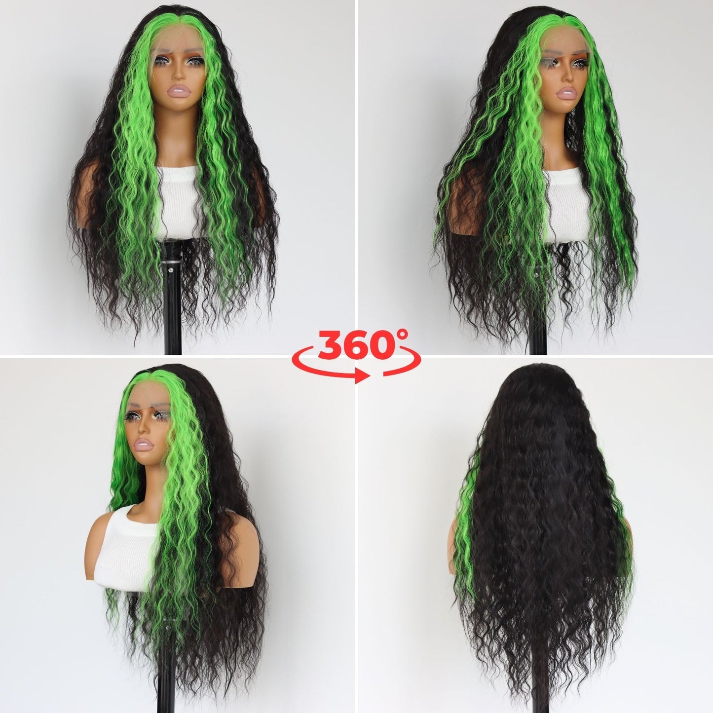 Highlight Green Black Loose Curly Synthetic Lace Front Wig13x4 for Halloween Cosplay Use 32 Inch