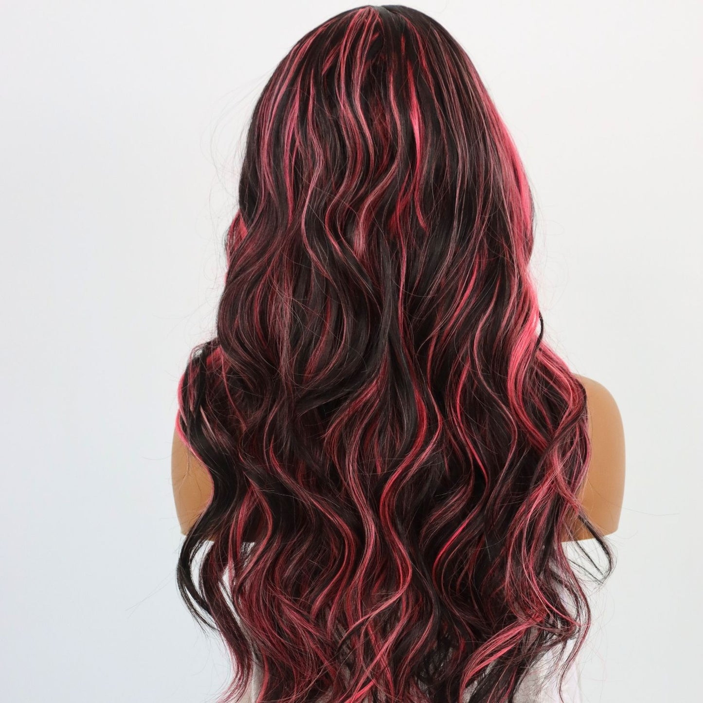 Pink Highlight Black Lace Front Wig Long Loose Wavy Synthetic Wig Heat-Resistant Pre-Plucked Hairline 13x4 HD Transparent Free Part 24" for Party Daily Use