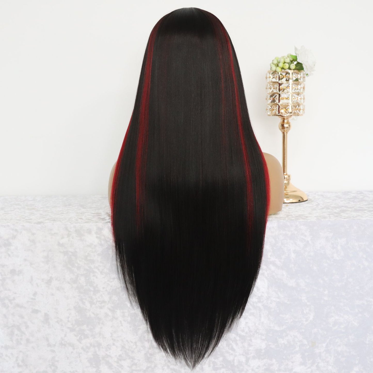 Highlight Red Black Straight Synthetic Lace Front Wig 13X4 Party Daily Use 26 Inches