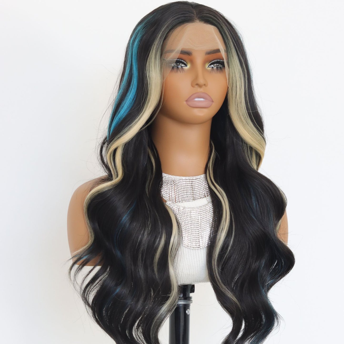 Highlight Blonde & Blue Black Body Wave Ombre Synthetic Lace Front Wig 13X4 Party  Daily Use 24 Inches