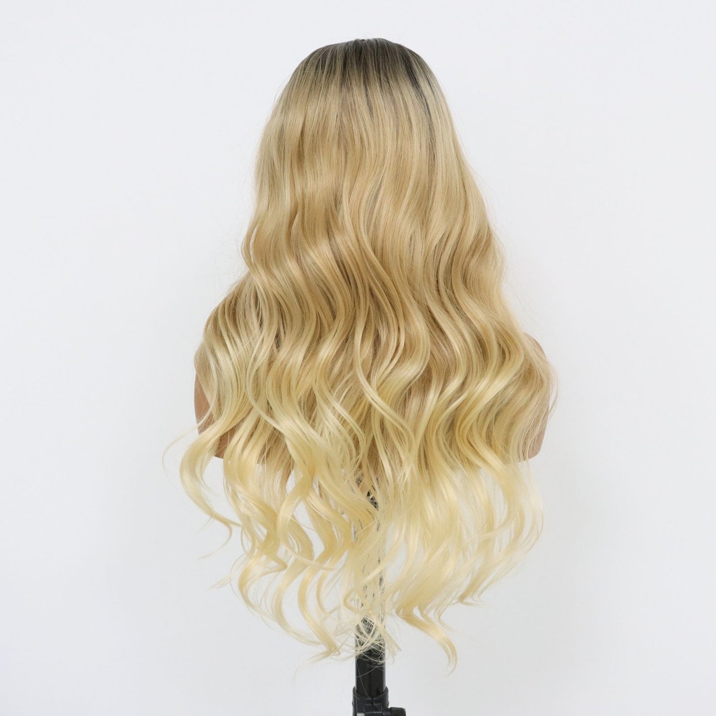 Two-Tone Ombre Lace Front Wig Long Wavy Dark Roots to Blonde Gradient Heat-Resistant Synthetic Hair with Natural Hairline 13x4 Free Part for Daily Use 24"