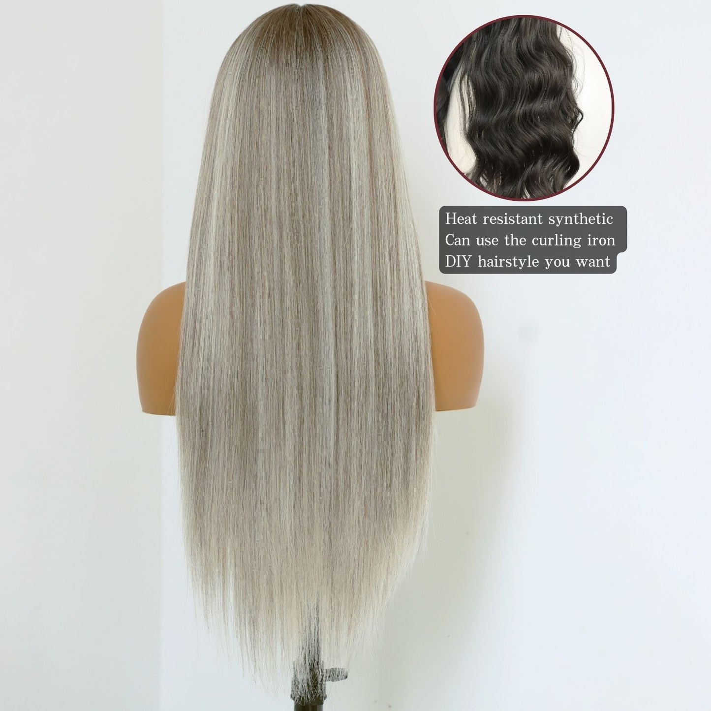Ombre Ash Gray Straight Synthetic Lace Front Wig Pre Cuted 7x5 Daily Use 24 Inches