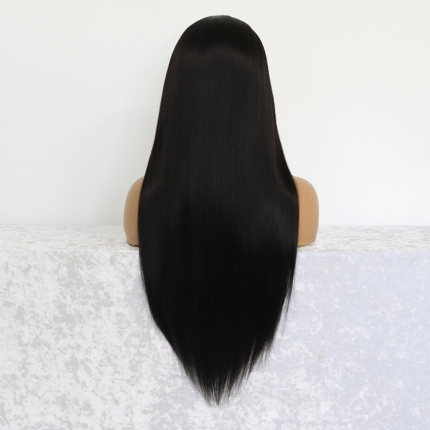 Silky Long Straight Black Synthetic Lace Front Wig with Free Part Pre Plucked 13X4 Heat Friendly 24 Inches